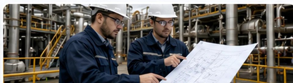 Técnico industrial revisando un plano en una instalación de procesos